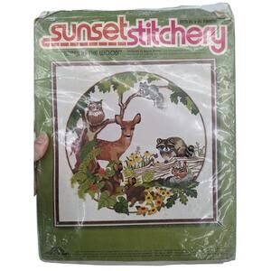 Vintage 1979 SUNSET STITCHERY "Babes In The Wood" Crewel Embroidery Partial Done
